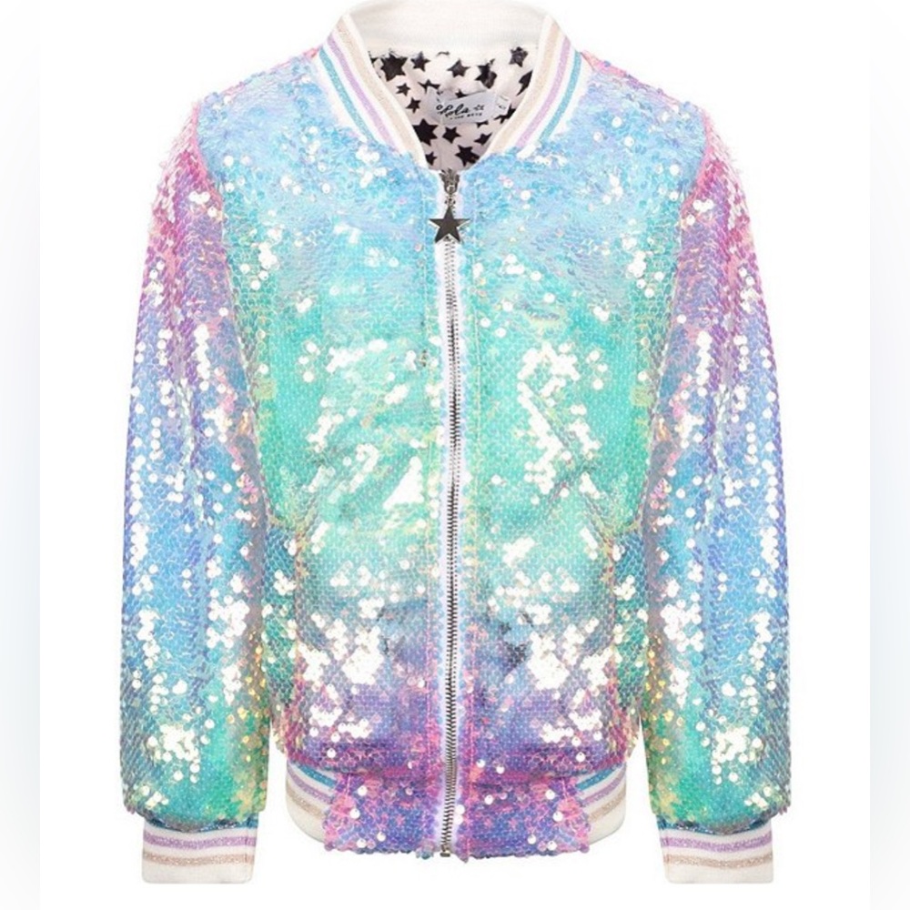 Lola + The Boys Iridescent Sequin Bomber Jacket in Aqua, Pink & Purple